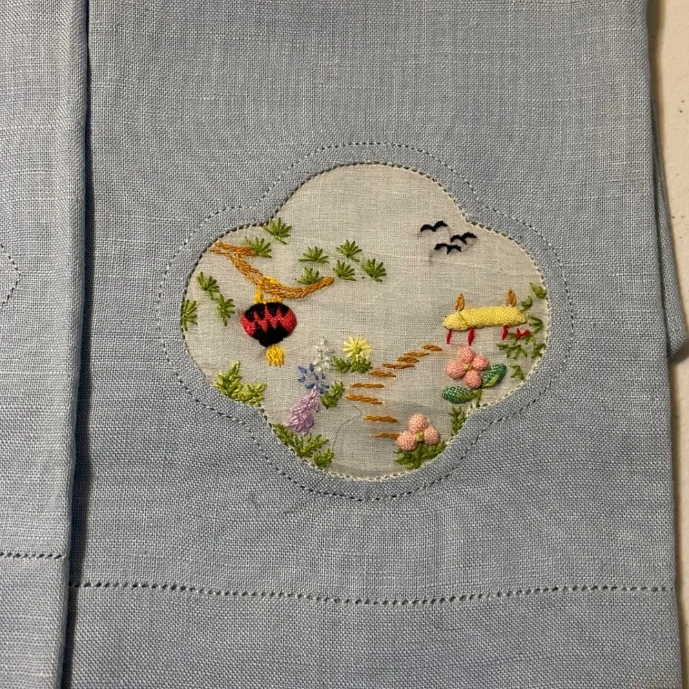 Guest‎ Towels Set of 3 Blue Excellent Hand Embroidered Chinoiserie Linen